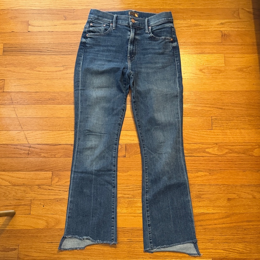 MOTHER Dark Blue High-Rise Flare Jeans with Raw Hem